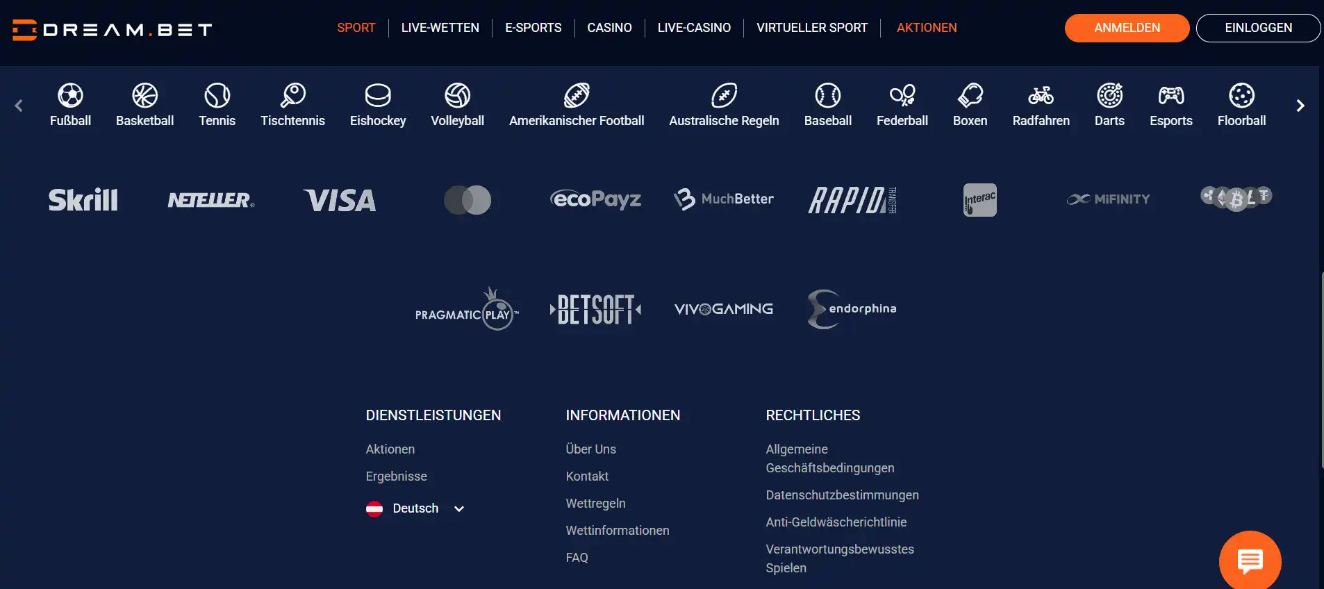 Zahlungsarten in der Zahlungsübersicht der Plattform Dreambet