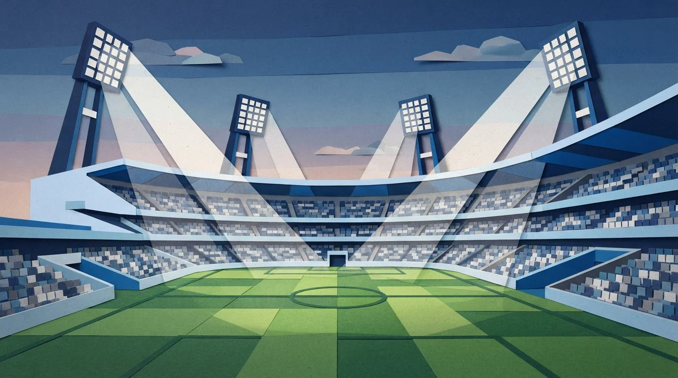 Leeres Fußballstadion mit beleuchteten Flutlichtmasten am Abend