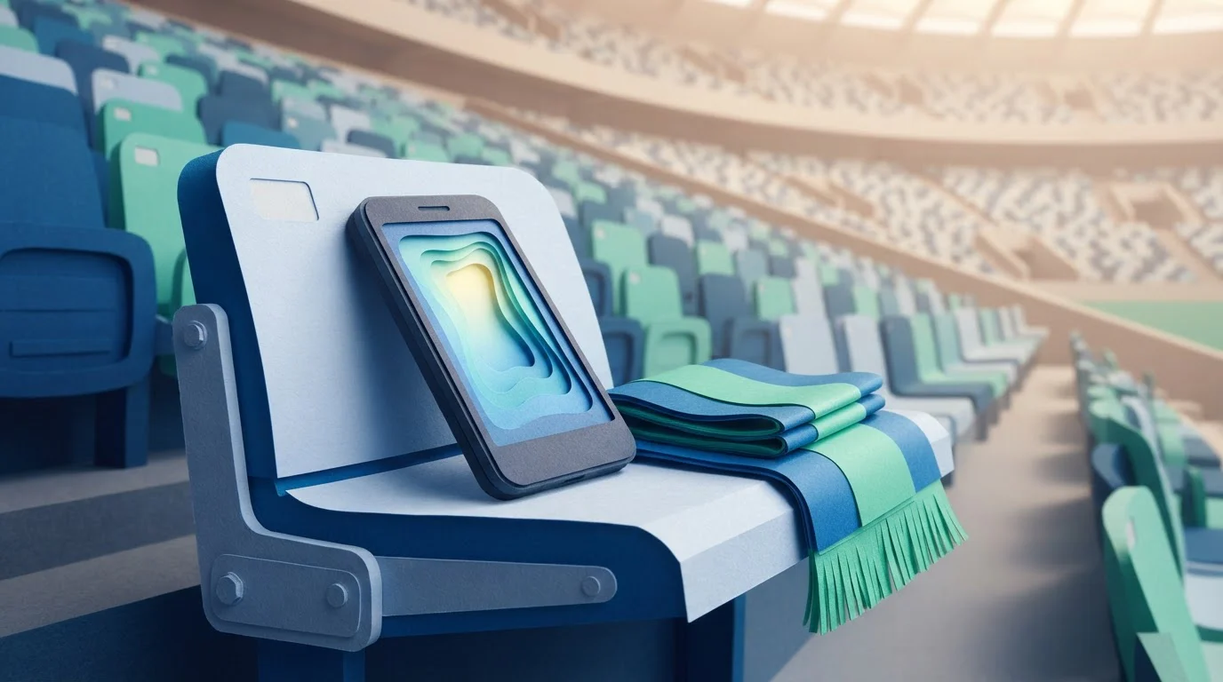 Mobiltelefon auf einer Stadionbank neben einem gefalteten Schal