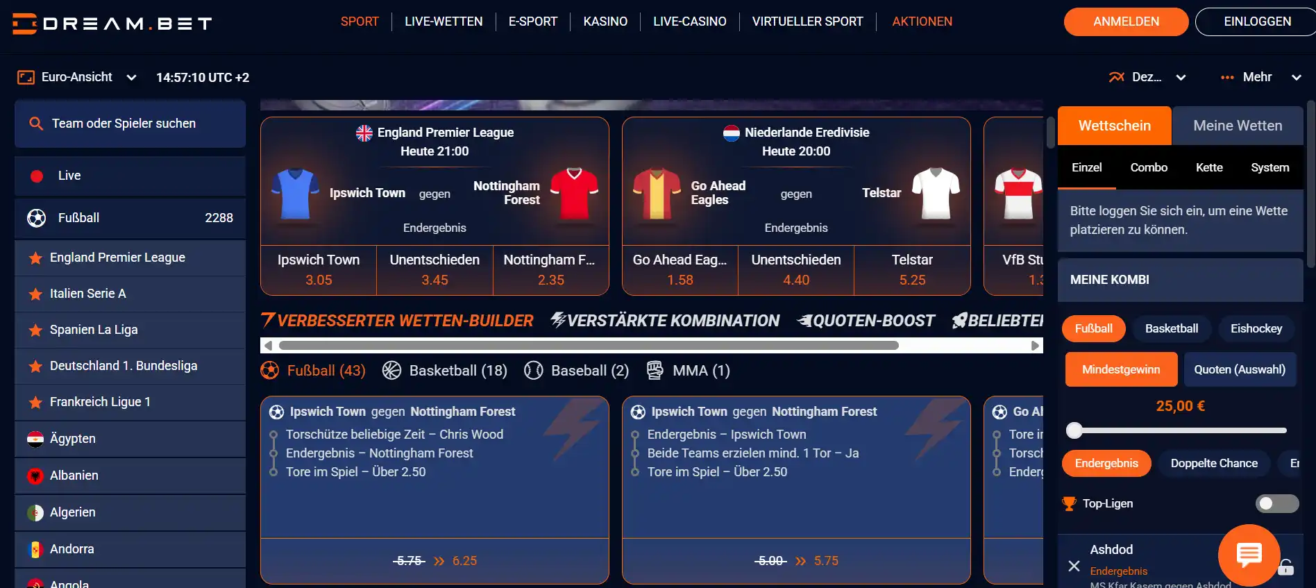 Sportartenmenü und Wettmärkte auf der Sportwettenoberfläche von Dreambet