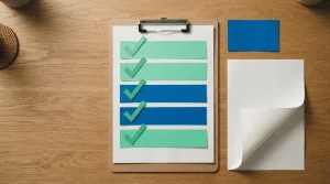 Klemmbrett mit Papier und farbigen Kontrollhaken auf einem Tisch