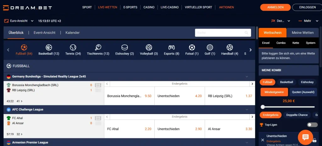 laufende Sportereignisse mit Spielständen und laufenden Quoten bei Dreambet