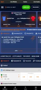 Mobile Sportwettenansicht von Dreambet mit Sportnavigation und Wettmärkten