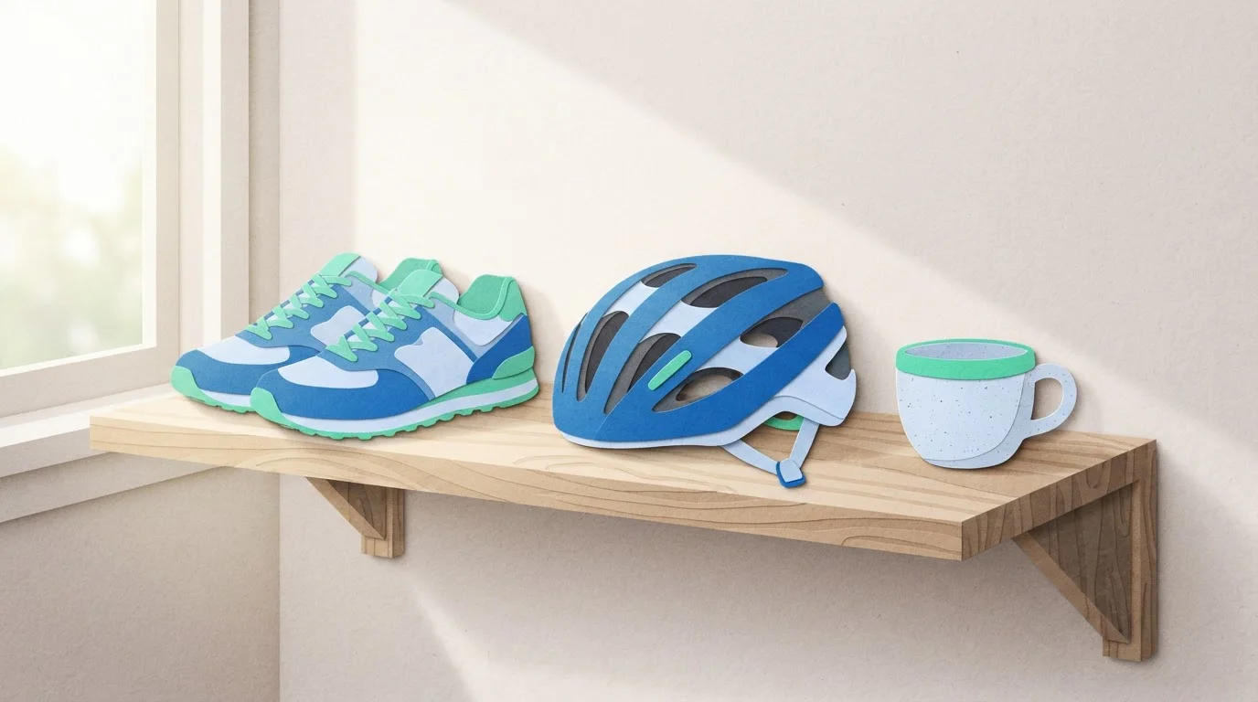 Sportschuhe, Fahrradhelm und Tasse auf einem Regal als Dinge für eine Wettpause